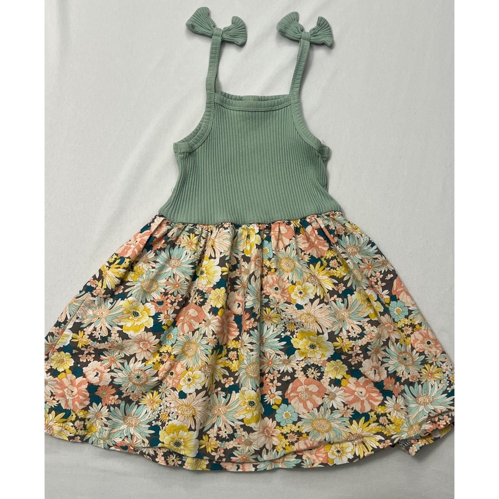 Girls Sage Green Ribbed Floral Bow Strap Dress Size 3-4Y Boho Summer Sleeveless